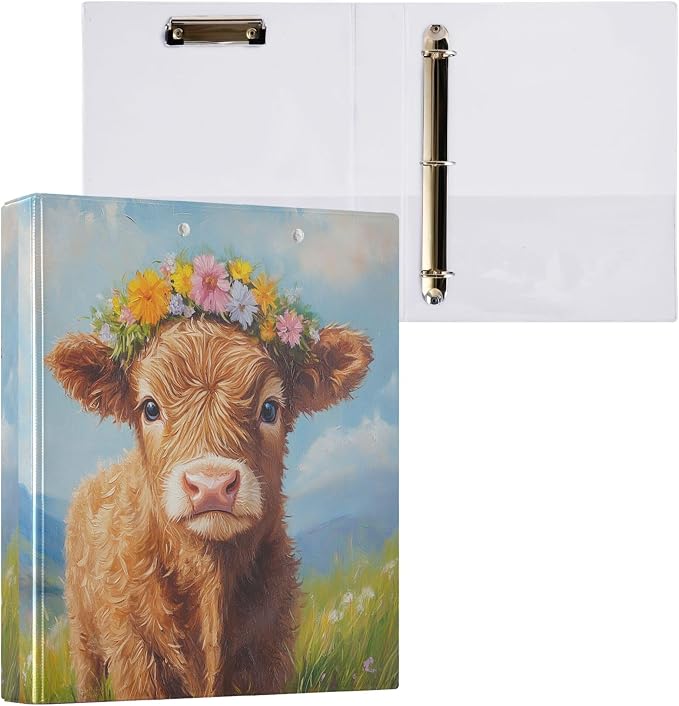 Highland Cow Round Ring Binders 1.5 Inch Cowboy Flower 3 Ring Clipboard Binder by Wamika