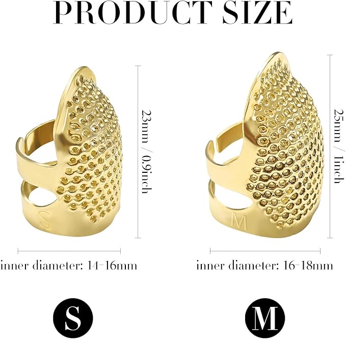 FR 4 Pack (2 Sizes, S/M) Sewing Thimble Finger Protector, Adjustable Finger Metal Shield Protector Pin Needles Sewing Quilting Craft Accessories DIY Sewing Tools Needlework Gold