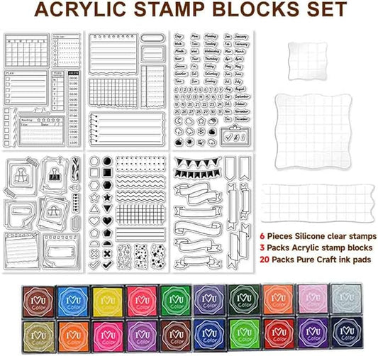 29 Pcs Journal Stamps for Crafting Card Making Supplies Set Include 3 Acrylic Clear Stamp Blocks, 6 Clear Silicone Stamps Seals, 20 Craft Ink Pads Calendar Planner Stamp for DIY