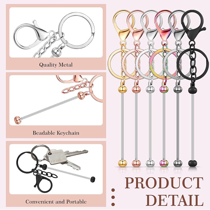 Tondiamo 12 Pcs Beadable Keychains Bars Bulk Blank Beaded Metal Keychain - Image 3