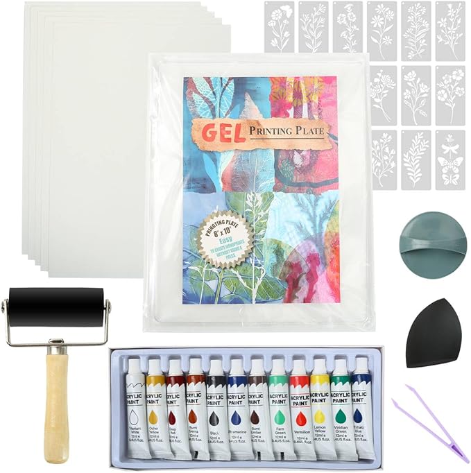 Gel Printing Plate kit - Gel Plate Printing for Mixed Media Art, 8" X 10" Gel Plate,Printing Supplies, Reusable Gel Plate Kit for Card Making, Brayers for Gel Printing, Printmaking Supplies Home Decor