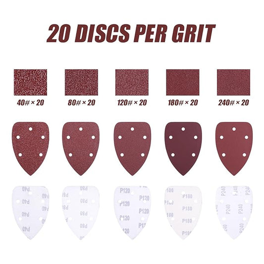 100-Pack Mouse Sandpaper (5-Hole) for Mouse Detail Sanders, Grits 40/80/120/180/240, Premium Aluminum Oxide, Easy to Replace, Ideal for Woodworking, Furniture Refinishing, and Crafting