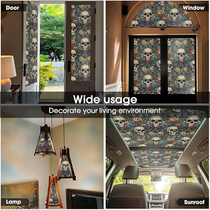 Blue Grey Red Skull Floral Stained Glass Window Films Decorative Double-Side - Image 5