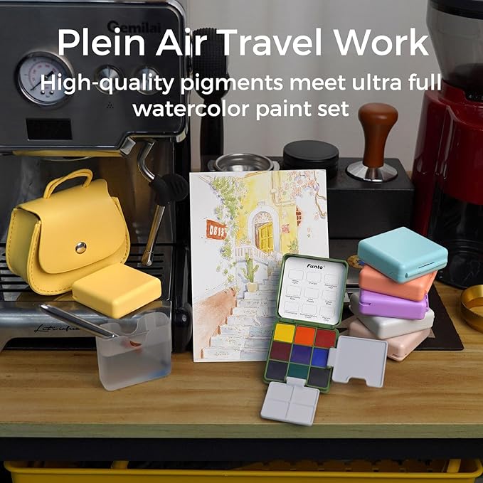 Funto Pocket Watercolor Set, Travel Color Kit, with 9 Colors, Leather Bag, Paint Water Cup, Foldable Palettes, and Mini Watercolor Papers, Set for Art