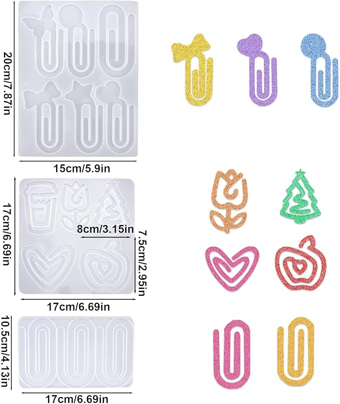 3pcs Paperclip Bookmarks Mold, Jumbo Paper Clips Bookmarks Silicone Mold with Multiple Style Epoxy Heart Resin Casting Mould Butterfly Making Supplies for DIY Crafts Book Lovers Gift