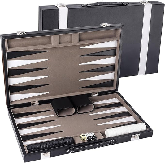 GSE Games & Sports Expert Premium Leather Backgammon Board Game Set, Classic Backgammon Game Set with Leather Case, Travel Folding Board Game (Black&Grey, Large)