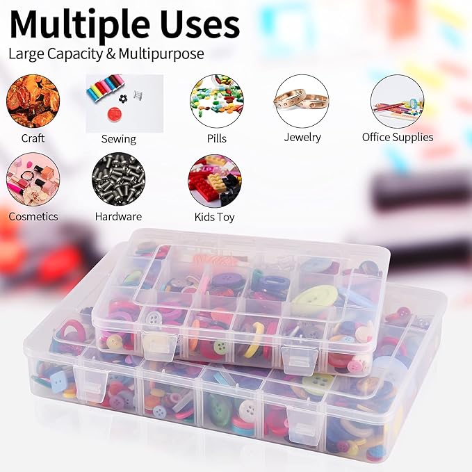 18 Grids Plastic Organizer Box with Dividers, Clear Compartment Container Storage for Washi Tapes Beads Crafts Jewelry Fishing Tackles, Size10.8 x 7.7 x 1.7 in