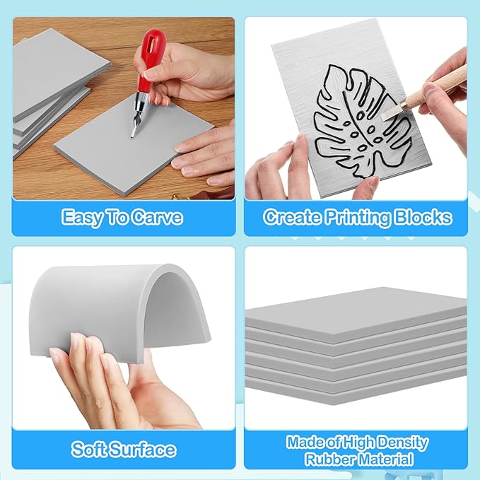 Frienda 50 Pack Rubber Carving Blocks 4 x 6 Inch, Rubber Stamp Carving Blocks for Printmaking, Printing, DIY Craft Project, Soft Block Stamp for Beginners and Professional(Gray)