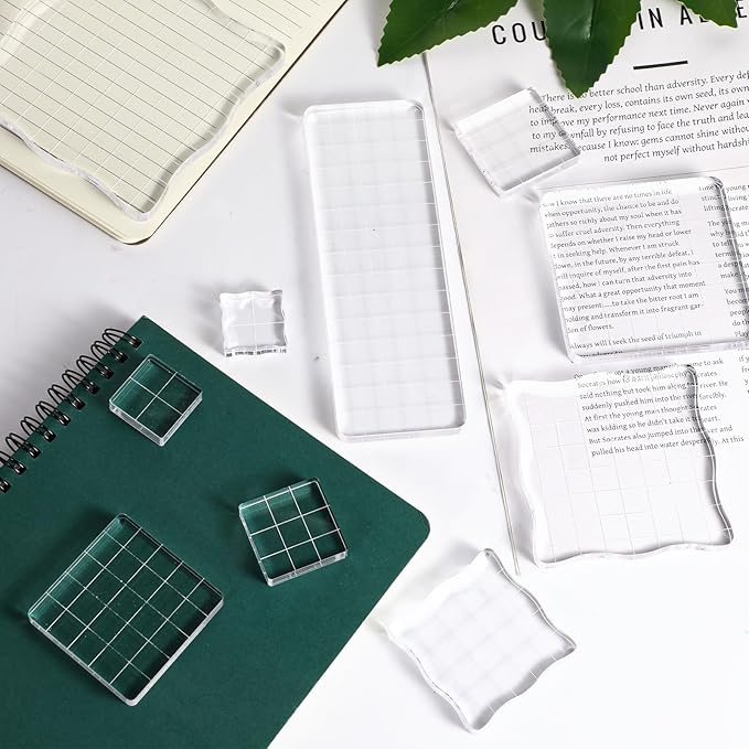 12Pcs Acrylic Stamp Block Clear Stamping Blocks Tools Set Assorted Sizes Stamp Blocks with Grid Lines for Scrapbooking Crafts Card Making