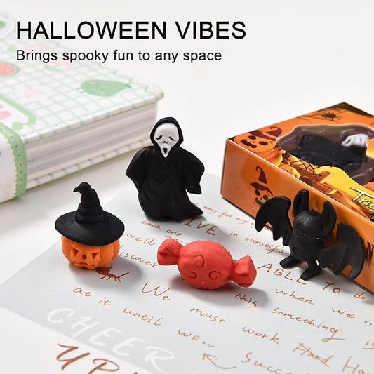 HILAZA 3D Halloween Erasers for Kids, 16Pcs Cute Pumpkin Ghost Bat Erasers Bulk for Goody Bag Filler Gifts Halloween Party Favors