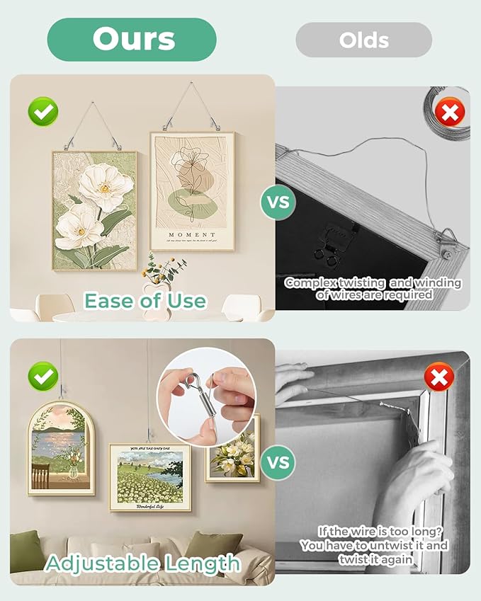 2PCS Picture Hanging Wire Adjustable 1m x 1mm Small Hooks, Picture Frame Wire Kit Heavy Duty 50lbs, Stainless Steel for Art, Mirror, Light Lamp, Billboards, Basket Flowerpot