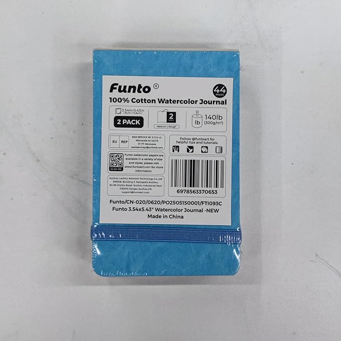 Funto Watercolor Paper Journal 2-Pack, 3.5x5.5, 44 Pages Each, 100% Cotton Cold Press, PU Leather Blue Hard Cover, Art Supplies for Mixed Media