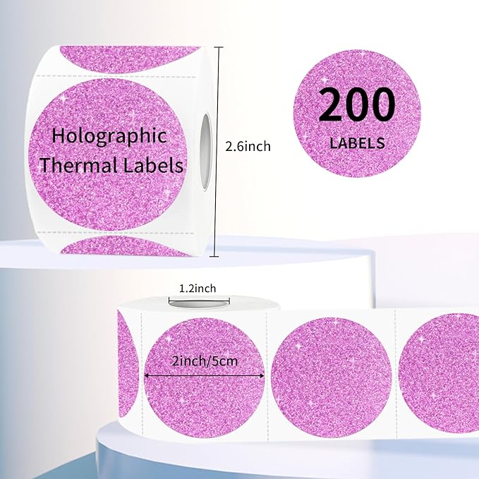 2" Holographic Thermal Label Stickers, Round Direct Thermal Label Stickers, Glitter Thermal Printer Sticker Labels for Gift Wrapping, Self-Adhesive Custom Logo Design- Glitter Pink