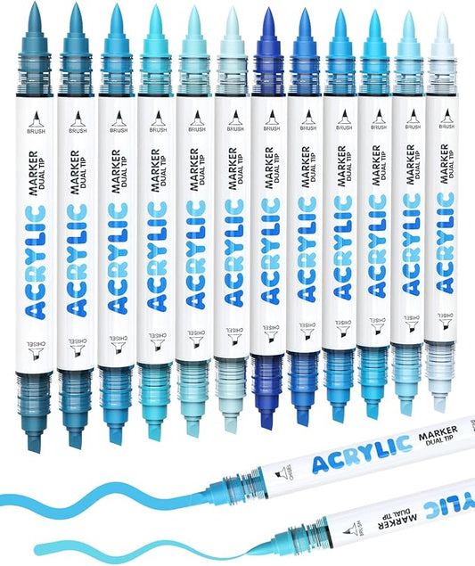 Guangna 12 Blue Dual Tip Acrylic Paint Markers, Brush Tip & Chisel Tip Acrylic Paint Pens for Rock, Wood, Glass, Paper, Coloring Book, Ceramic, Canvas, Water-Based Ink