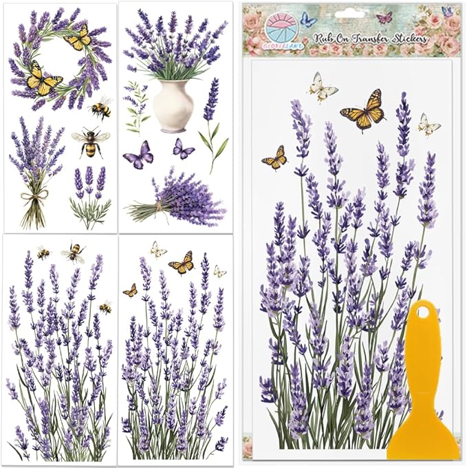 GLOBLELAND 4 Sheets Lavender Furniture Transfer 6x12inch Butterfly and Bee Rub on Transfer Sticker UV Self-Adhesive Wall Art Craft for Bedroom Living Room Desk Table Decoration