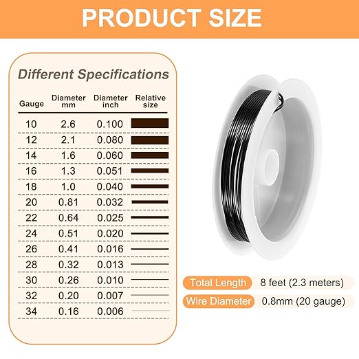 HARFINGTON 8ft Jewelry Wire, 20 Gauge (0.8mm) Brass Craft Soft Metal Tarnish Resistant Copper Beading Wire for Jewelry Making Supplies Crafting, Black