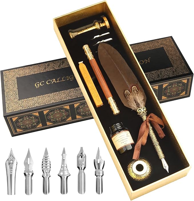 GC QUILL Calligraphy Set - 18pcs With Dual Tip Fountain Pen, Feather Dip Pen, Stamp, Wax Candle, Pen Base, Ink Bottle, Cartridges
