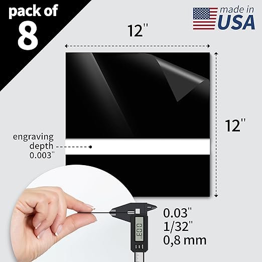 Trotec TroLase | 12"x12"x1/32", 8 Pcs | Black/White | 2 Ply | Modified Acrylic | Laser Engraving Double Color Plastic Sheet | Engraving Blanks for Laser, Saw, Guillotine | Made in USA