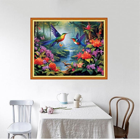 Foxhool Beginners Cross Stitch Kits Stamped Full Range of Embroidery Kits for Adults DIY Cross Stitches kit Embroidery Patterns for Needlepoint kit-Hummingbird Scenery 16x20 inch