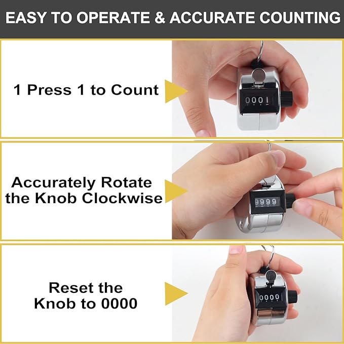 2PCS Premium One Hand Counter Clicker, Silver Metal Clicker Counter, Manual Mechanical People Counter Clicker with Nylon Lanyard, 4-Digit Number Count Tally Counter Clicker for Golf, Lap & Row Etc.