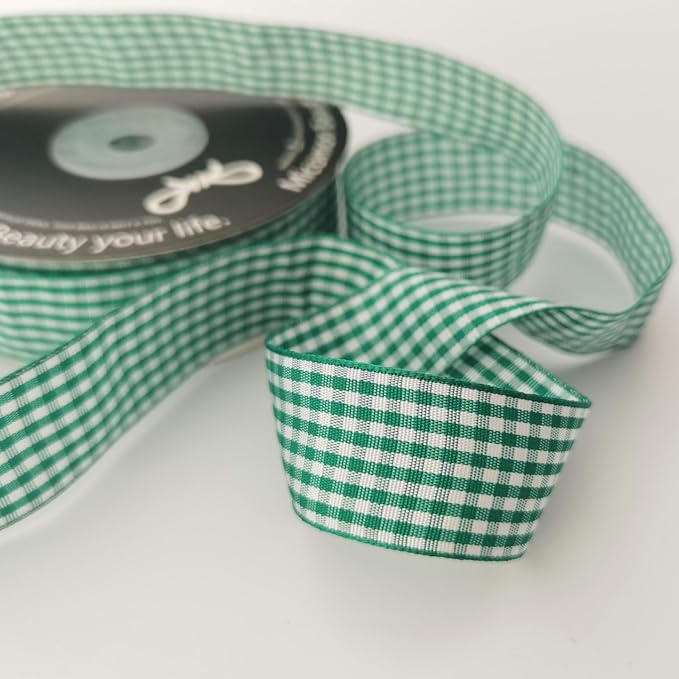 Green and White Woven Edge Plaid Ribbon 100% Polyester Gingham Ribbon 25 Yards Each Roll (1",Green)