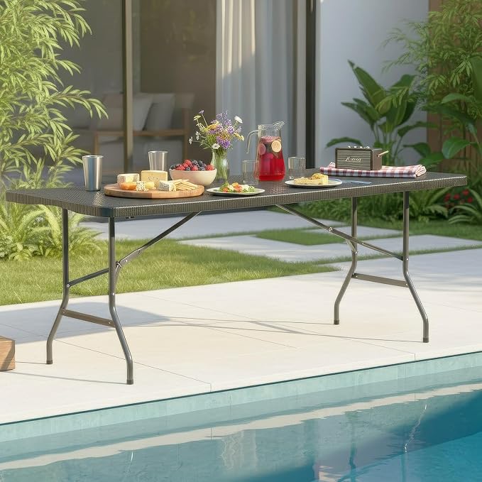 FDW 6FT Folding Table, Portable Fold-in-Half Plastic Picnic Party Table - Image 2