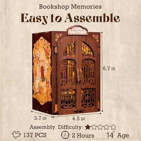 Fsolis Book Nook Kit, DIY Miniature Dollhouse Kit 3D Puzzles for Adults and Beginners, 127 Wooden Pieces, Tiny House Mini Booknook Craft Bookshelf Decor, Gifts for Women Book Lovers(Bookshop Memory)
