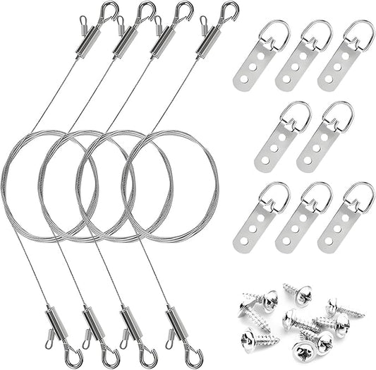 12PCS Picture Hanging Wire Kit for Mirrors, Frames, Artwork, Light Lamp, Billboards, Basket Flowerpot 6.56ft Adjustable Hanging Wire, 3-Hole D Rings Picture Hangers with Screws
