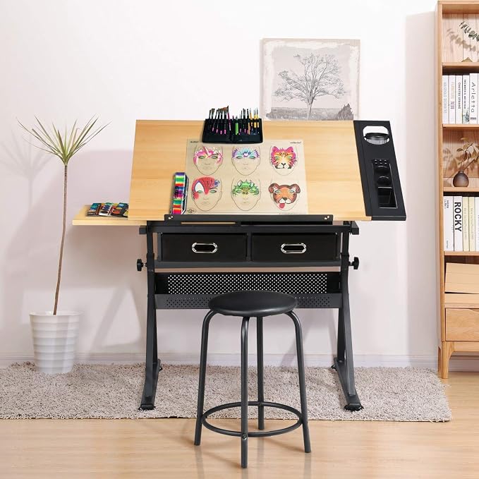 Yaheetech Adjustable Drafting Table Art Desk, Storage Drawers & Stool, Wood | - Image 5