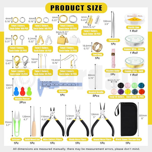 Mardatt 1250Pcs Jewelry Making Supplies Kit Includes 10 Colors 8mm Crystal Beads, Jewelry Pliers, Wires, Jump Ring Opener, Tweezers, Awl, Thimble Ring Jewellry Accessories for Jewellry Repair