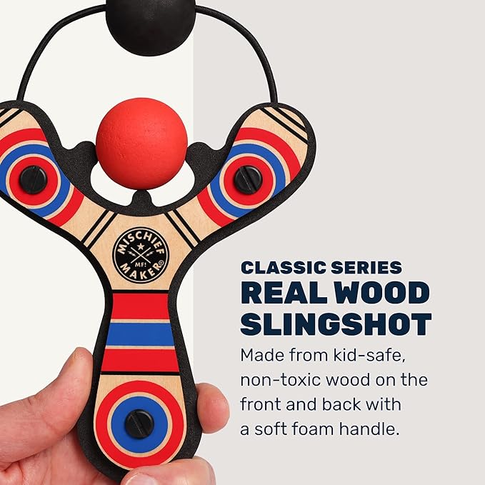 Mighty Fun! - Mischief Maker® Wooden Slingshot - Classic Series - Real Wood Slingshot for Kids, 4 Soft Foam Balls and Storage Bag - Ages 4+ (red)