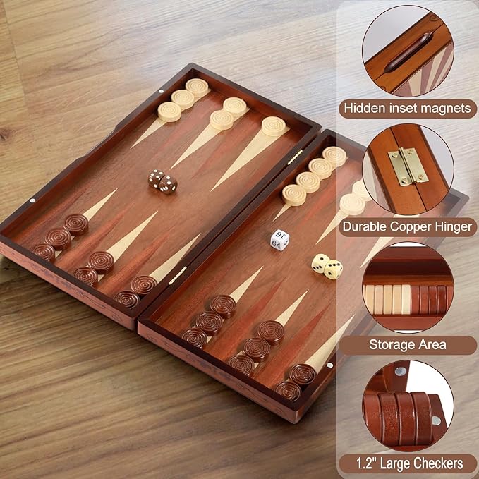 Handcrafted Wooden Backgammon Set - 16x15.3inch, Oversized Pieces, Intricate Carvings, Premium Travel Game Board for Adults & Kids (Star)