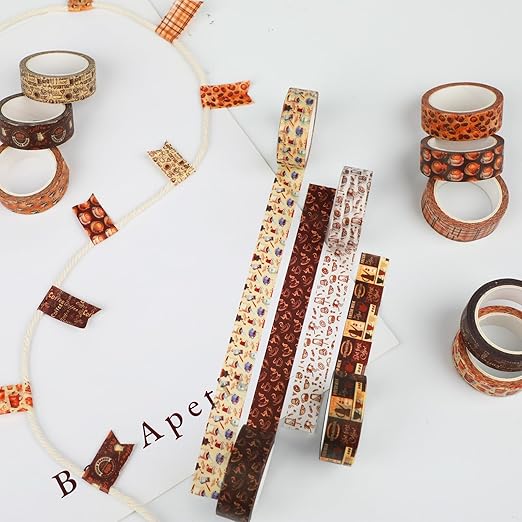 12 Rolls Coffee Washi Tape Set, Vintage Coffee Decorative Tapes, Retro Brown Watercolor Cafe Masking Tape for Journaling, Scrapbooking, Planner, DIY Arts Crafts Supplies, Gift Wrapping 16.4FT
