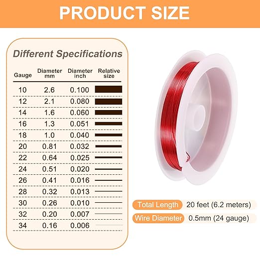 HARFINGTON 20ft Jewelry Wire, 24 Gauge (0.5mm) Brass Craft Soft Metal Tarnish Resistant Copper Beading Wire for Jewelry Making Supplies Crafting, Bright Red