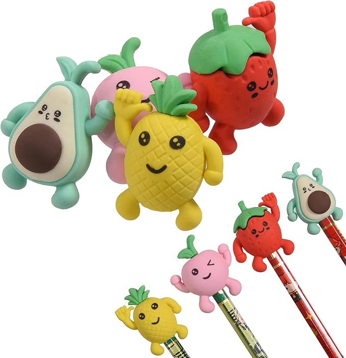 HILAZA 16Pcs Pencil Top Erasers for Kids, 3D Cute Fruit Pencil Toppers, Bulk Fun Pencil Cap Easters for School Classroom Supplies Prize Gifts Party Favors