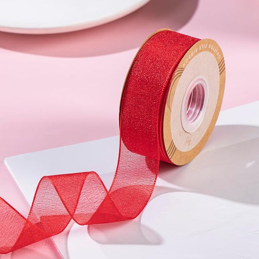 1 Inch Wide Sheer Chiffon Ribbon - Pearl Silk Woven Ribbon Suitable for Gift Wrapping, Wedding Decor, Home Decor, Girl Hair Accessories Handmade DIY (25 Yards/roll) (Red)