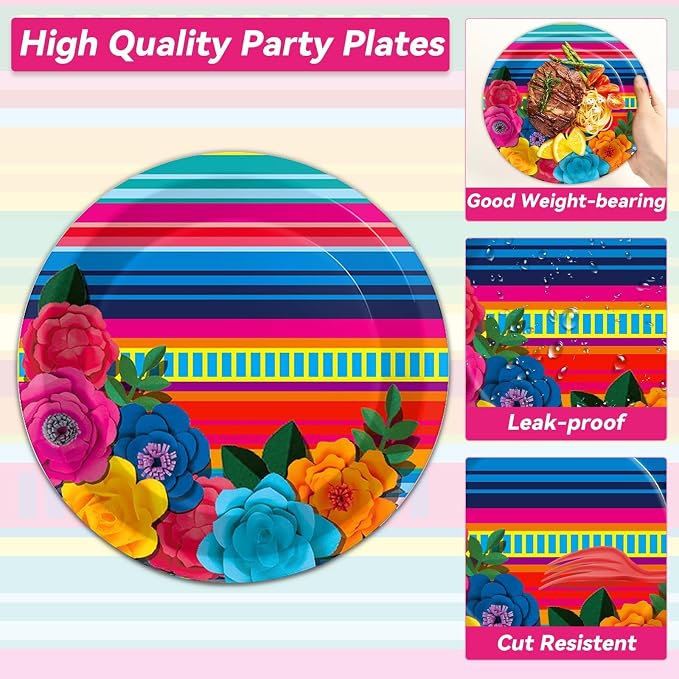 200pcs Mexican Fiesta Plates Napkins Floral Paper Tableware Set Fifth of May - Image 4