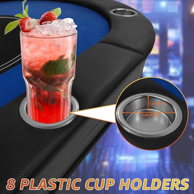 Folding Poker Table, 8 Player Portable Design with Collapsible Legs & Cup Holders, 72 Inch Foldable Casino Table for Quick Setup, Texas Holdem & Card Games