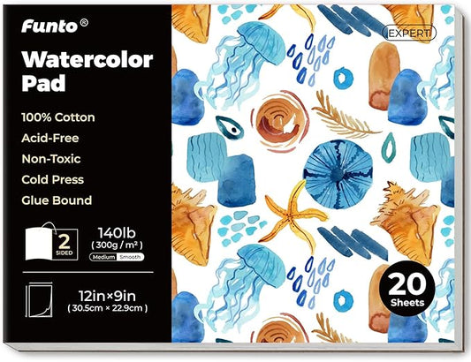 Funto Watercolor Pad, 12×9", 20 Sheets, 140lb/300gsm, 100% Cotton, Cold Press, Glue Bound, Double-Sided, Easy Tear Heavyweight Art Paper for Painting