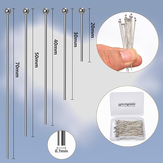 150pcs Silver Filled Ball Pins Non Tarnish Craft Earring Bracelet Jewelry Making Accessories Supplies (40mm (1.57in), Silver-Ball Pin)