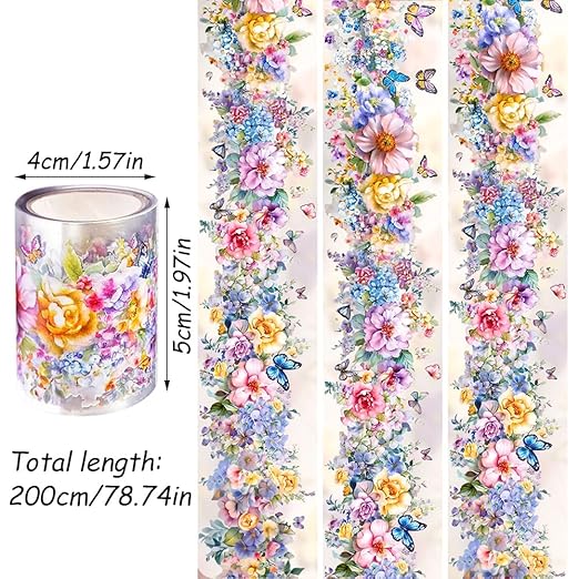 1 Roll Colorful Floral Washi Tape for Scrapbooking Scrap Booking Supples Kit Cute Butterfly Tapes Sticker Spring Flower Washi Tapes Transparent PET Tape Stickers for Journaling Junk Journal supplies