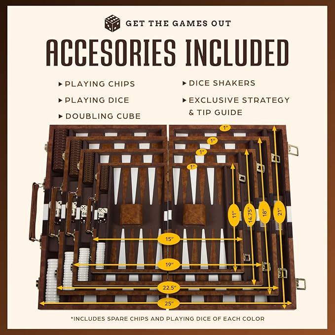 Get The Games Out Backgammon Set for Travel - Small Classic Board Game Case with Strategy Guide & 15 Game Pieces (Brown)