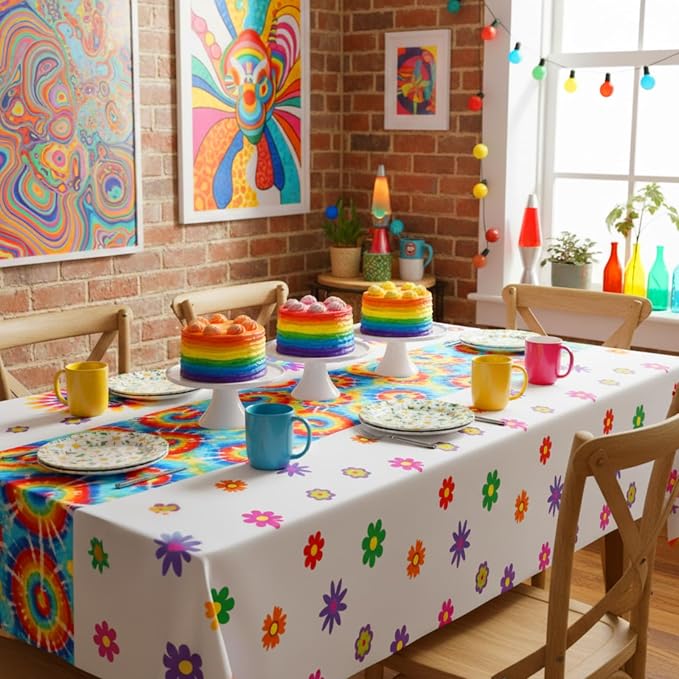 Oudain 6 Pcs Tie Dye 70s Party Decoration Hippie Tablecloth - Image 4