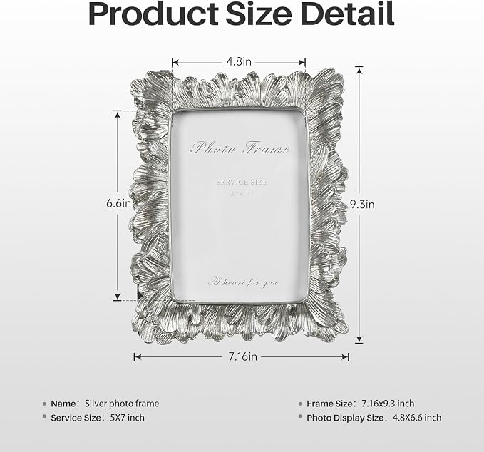 Cuspin 5x7 Picture Frame Silver Frames, Vintage Elegant Palm Leaves Textured - Image 6