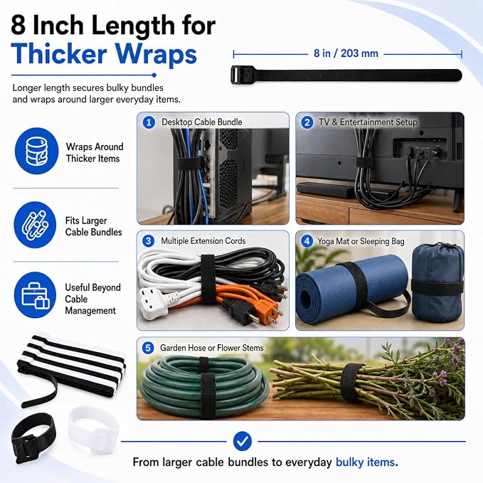 80pcs 8 Inch Cable Ties Reusable Black and White Hook and Loop Cord Ties - Image 3