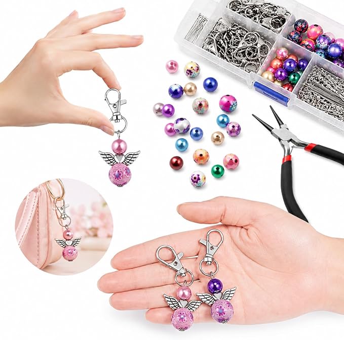 180Pcs DIY Angel Pendant Keychains Kit Includes Alloy Wing Spacer Imitated Bead - Image 5