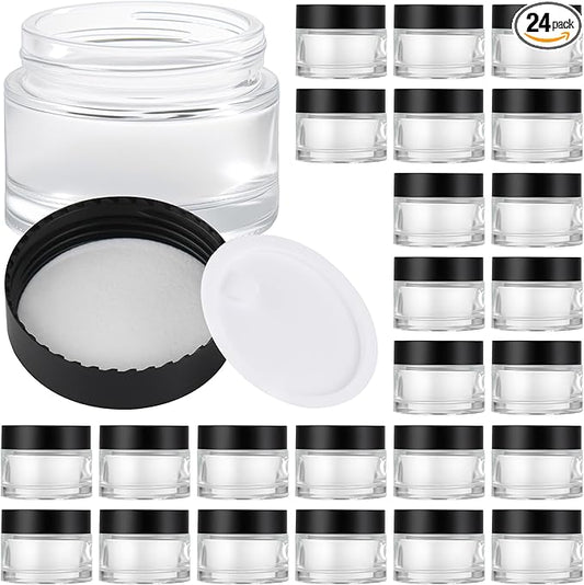 Glass Jars with Lids,Eco-Friendly Cosmetic Containers with Airtight Black Lids & Liners, Multi-Color Options for Cream, Lotion, Body Butter, DIY Skincare Travel Jars (Clear, 2oz)