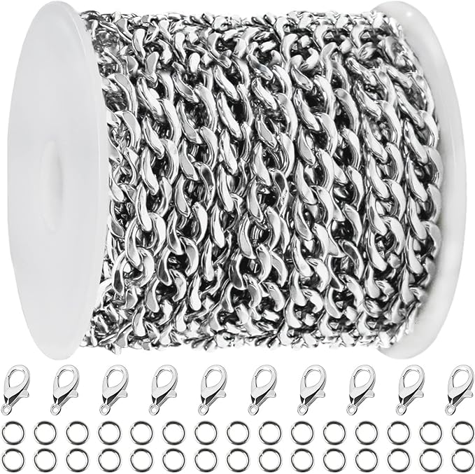 Jishi 16ft Cuban Link Chain Roll 6mm Silver Stainless Steel Necklace Chains by Jishi