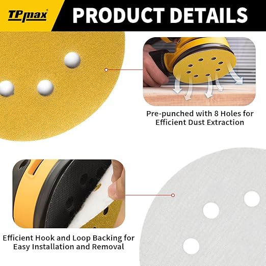 100PCS 5 Inch 100 Grit 125mm 8 Hole Sanding Discs Sandpaper - Premium Gold Round Hook and Loop for Random Orbital Sander - Ideal for Wood, Metal, Automotive