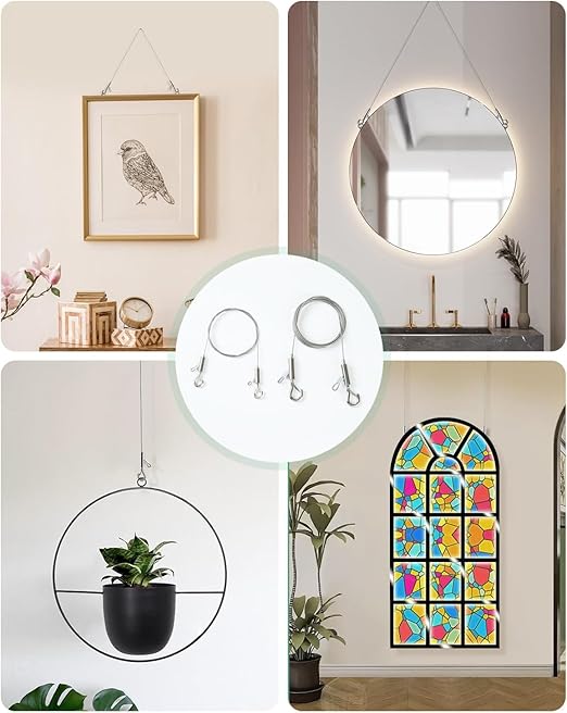 2PCS Adjustable Picture Hanging Wire 0.5m x 1.5mm Large Hooks, Picture Frame Wire Kit Heavy Duty 100lbs, Stainless Steel for Art, Mirror, Light Lamp, Billboards, Basket Flowerpot
